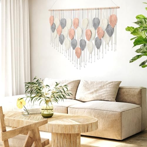 Large Macrame Wall Hanging Boho Leaf Feather Woven Tapestry 51.5"WX33.5"L - Image 5