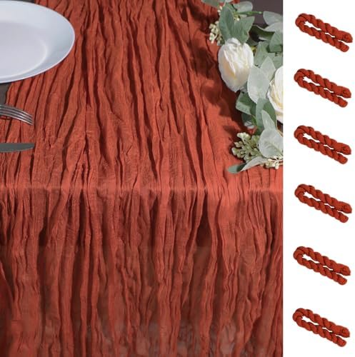 Snowkingdom 6PCS 10Ft Fall Thanksgiving Table Runner Terracotta Rust Cheesecloth Gauze, 120 inch Long Burnt Orange Boho Cheese Cloth for Wedding Bridal Shower Rustic Sheer Table Decorations by Snowkingdom