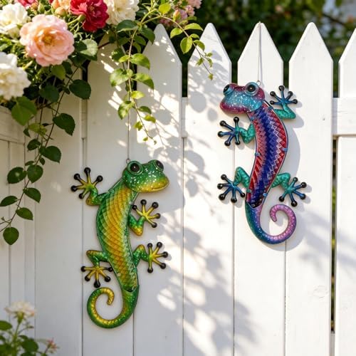 HONGLAND Lizard Metal Wall Art-15 Inch Gecko Wall Decor Hanging Glass Sculpture, 2 Pack Yard Decorations Outdoor for Garden Fence Home - Image 5