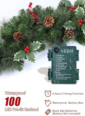 Christmas Garland with Lights, 9Ft Prelit Garland, 8 Light Modes & Timer - Image 5