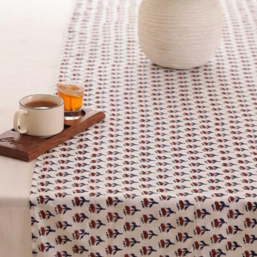Hand Block Printed Cotton Table Runner, Machine Washable Cotton Runner, Boho Floral Centerpiece Accent for Dining Tables and Buffet Cabinets, 16x70 Inches - Blue & Red - Image 4