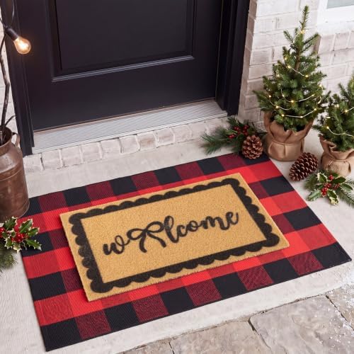 2pcs Christmas Welcome Mat for Front Door Layered Buffalo Plaid Outdoor Rug - Image 5