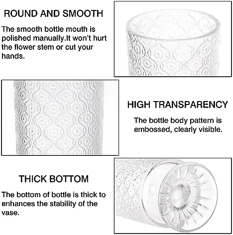 Fixwal Vases for Flowers Set of 3 Vintage Glass Vase for Centerpieces, Embossed Base Vases for Wedding Decoration (H:7" D:4"), Ribbed Glass Containers for Organization for Home Decor (Pack of 3) - Image 7
