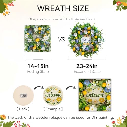 Spring Summer Wreaths for Front Door 24 Inch,Summer Wreath with Artificial Lemon,Daisy,Hydrangea & Lotus Pods,Door Wreath for Indoor Outdoor Farmhouse Home Decor - Image 4