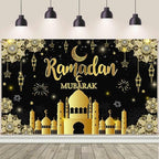 AIBIIN 8X6ft Ramadan Mubarak Backdrop Black Gold Muslim Kareem Banner Eid Al-Adha Mubarak Party Decorations Banner Photo Shoot Props by AIBIIN