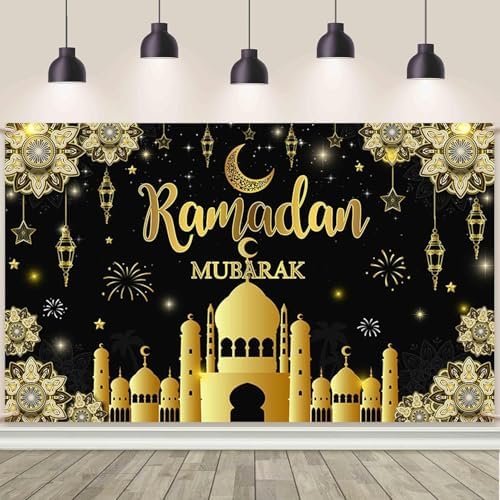 AIBIIN 8X6ft Ramadan Mubarak Backdrop Black Gold Muslim Kareem Banner Eid Al-Adha Mubarak Party Decorations Banner Photo Shoot Props by AIBIIN