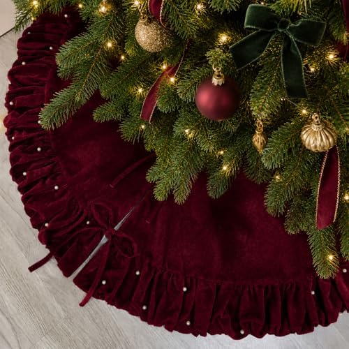 Christmas Tree Skirt, Wine Red Velvet with Ruffled Pearl 60 Inch by Amidaky