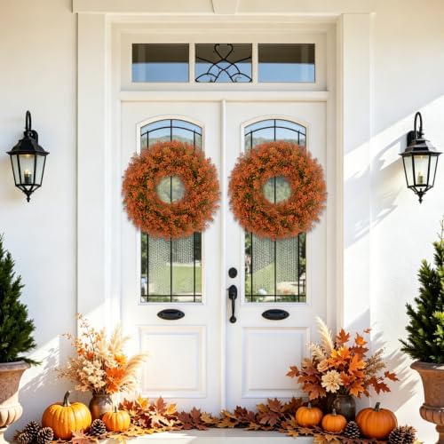 U'Artlines 17" Fall Front Door Boxwood Wreaths, Artificial Harvest Wreath - Image 4
