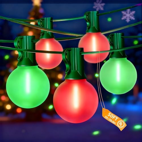 50Ft G40 Outdoor Christmas Lights, LED G40 Colored Christmas Lights with 27 Shatterproof Frosted Globe Light Bulbs(2 Spare) for Holiday Gifts Bistro Balcony Roofline Garden Decor-Red and Green by Jasneniebo
