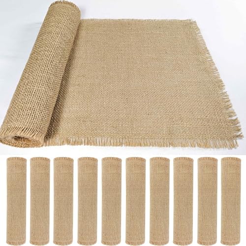 10 Pack 13 x 108 Inch Tassel Burlap Table Runners,Natural Rustic Jute Table Runner and Placemats Bulk for Western Wedding Table Decorations,Farmhouse Style Party,Holiday,Kitchen Table Decor Cover by Wlirantim
