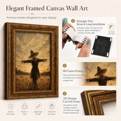Gold Framed Scarecrow Wall Art, Autumn Farmhouse Canvas Print, 16x12 - Image 2