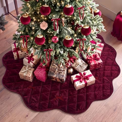 48 Inches Quilted Christmas Tree Skirt, Thick Rustic Trees Skirt, Burgundy - Image 4