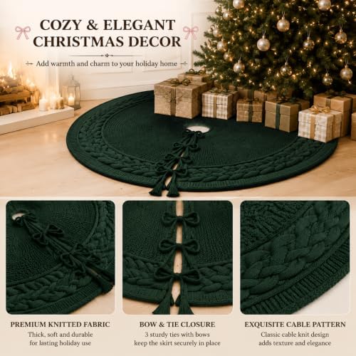 Hollowfly 48 Inch Green Christmas Tree Skirt for 7.5ft Tree Cable Knitted - Image 4