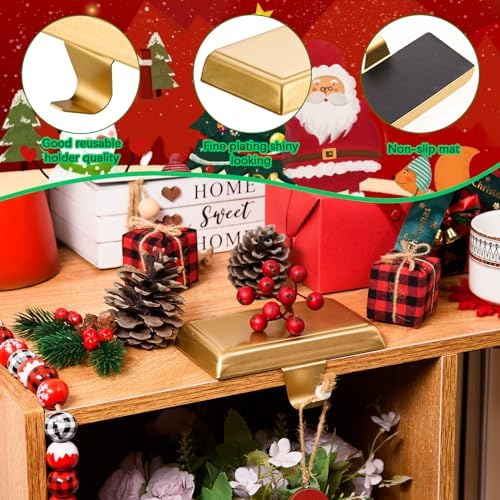 2 Pack Christmas Stocking Holders Ornament Hooks Mantel Weighted Stocking Hangers Metal Hanging Hooks Heavy Duty Stocking Holders Bases for Mantel Fireplace Party Decoration (Gold, 2) - Image 4