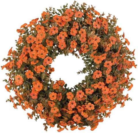 26 Inch Fall Wreath for Front Door, Autumn Harvest Wreaths with Eucalyptus Leaves, Orange Mums, Artificial Wreath for Indoor Outdoor Porch Home Thanksgiving Farmhouse Decorations by LittleGlee