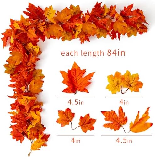 6PCS Yellow-Red Fall Maple Leaves Garland, 5.6Ft Artificial Maple Leaf Autumn Garland Hanging Fall Vines Table Decorations Front Door Fall Decor Thanksgiving Decorations Decor Outside Indoor Decor - Image 2