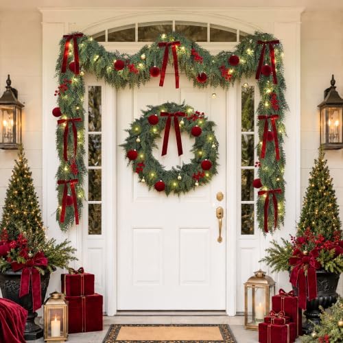 9FT Christmas Garland with Lights Ornaments Realistic Preit Cedar Garland - Image 2