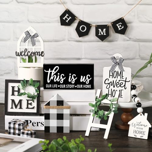 Two Tiered Tray with 11 Pcs Wooden Signs Decor, Plaid Style - Image 5