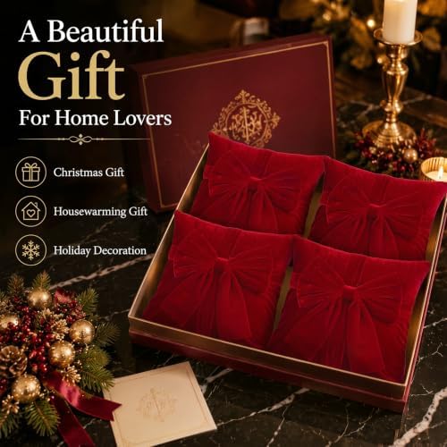 Frienda 4 Pcs Christmas Throw Pillows Cover 20"x20" Burgundy Velvet Bow - Image 4