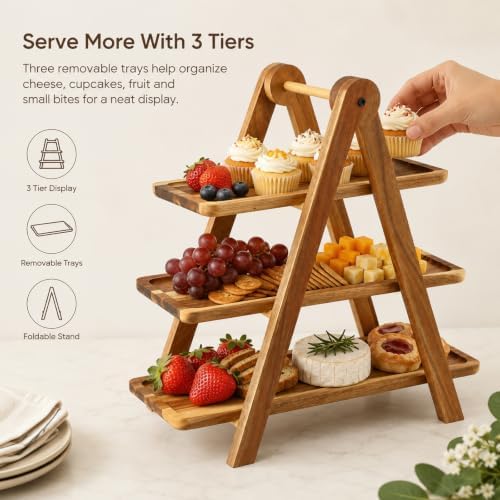 3 Tier Acacia Wood Serving Tray, Tiered Food Display Stand, Detachable Stable Pyramid Tray for Cupcake, Cheese, Fruit, Dessert, Great for Dinner Party & Tabletop Decoration - Image 3