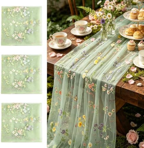 3 Pcs Floral Table Runner 10ft Embroidery Soft Flower Tulle by dgdgcool