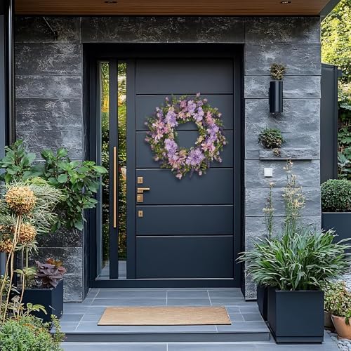 Purple Hydrangea Wreath for Front Door, 22 Inch Spring Wreath with Lavender & Artificial Flowers, Berry and Grain Accents, Rustic Farmhouse Floral Wreath for Outdoor Porch Indoor Home Decor - Image 6