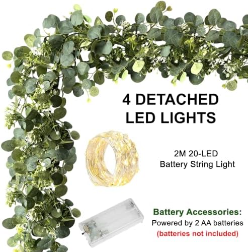 4 Pack Artificial Eucalyptus Garland with LED String Lights, 6FT DIY Lighted Faux Greenery Vines, Silk Fake Leaves for Wedding Table Runner, Fireplace Mantle, Battery-Operated - Image 5