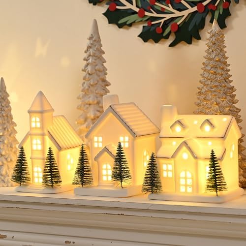 Ceramic White Christmas Village Houses, Light Up Porcelain Village Houses by AOMOONOA