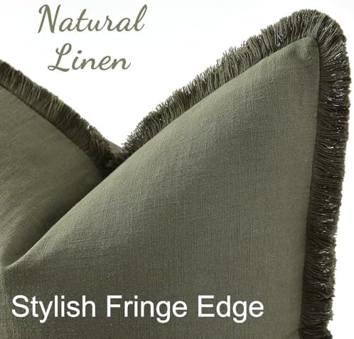 decorUhome Linen Fringe Olive Green Throw Pillow Covers 24x24 Set of 2 - Image 2