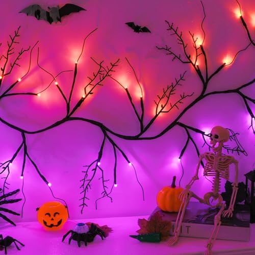 Timer & 8 Modes 9 FT 72 LED Willow Vine Twig Decor Garland with Orange & Purple Lights, Battery Operated Indoor Halloween Decor for Home Mantle Fireplace - Image 2