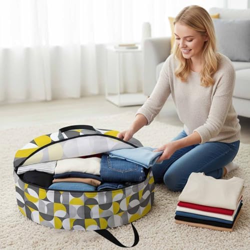 Vintage Mid-Century Round Storage Bag 30 Inch, Modern Abstract Geometric Yellow Gray Clothes Storage Container with Handles Heavy Duty Organizer for Comforter, Bedding & Holiday Wreaths - Image 3