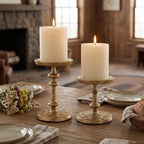 Gold Cast Iron Pillar Candle Holders Set of 2 Farmhouse Candlesticks - Image 5