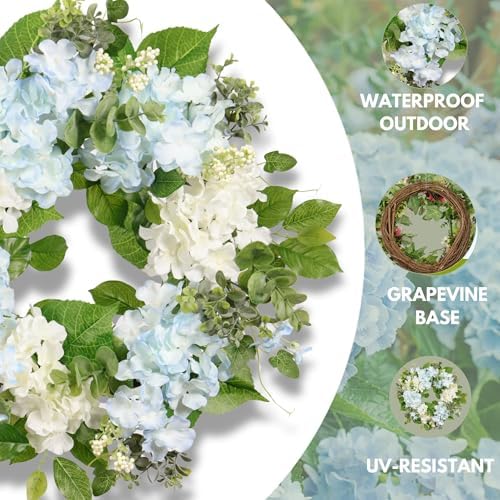 Spring Wreath Artificial Hydrangea Eucalyptus 20IN, Light Blue White Green, Spring Easter Summer Front Door Wall Décor - Image 5