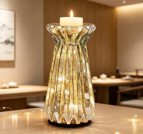 Home Decor, Mercury Glass Pillar Candle Pedestal Holders with 10 Led Lights, Lighted up Candle Holder for Pillar Candle, Glass Candlestick Holders with Timer for Wedding Dining Table Xmas (Silver) - Image 6