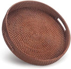 13.8 inch Round Rattan Tray, Decorative Coffee Table Tray, Ottoman Trays, Woven Serving Trays with Handles Wicker Serving Basket, Reddish-Brown by YANGQIHOME