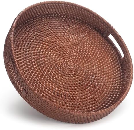 13.8 inch Round Rattan Tray, Decorative Coffee Table Tray, Ottoman Trays, Woven Serving Trays with Handles Wicker Serving Basket, Reddish-Brown by YANGQIHOME