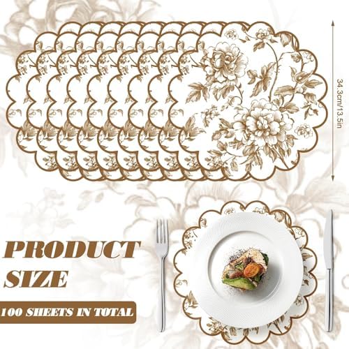 100 Pcs Brown Floral Paper Placemats with Scalloped Edges 15 Inch Chinoiserie Paper Table Mats Vintage Floral Place Mats for Dining Parties Weddings Holidays Table Decorations - Image 2