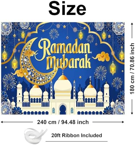 Mocsicka Ramadan Mubarak Decorations Backdrop Blue Gold Muslim Ramadan Kareem Banner Eid Mubarak for Home Muslim Party Supplies (Blue, 8x6ft) - Image 5