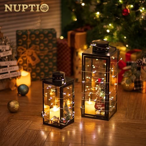 NUPTIO Lanterns Decorative Indoor Black, 9.5 & 13.8 inch Tall Lantern - Image 2