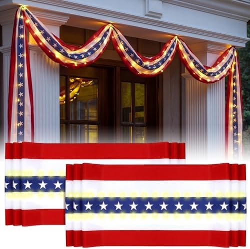 Tegeme 2 Pack 20 x 1.6 ft Lighted American Bunting Flag Red White Blue Star by Tegeme