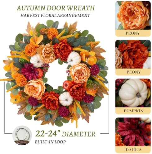 24 Inch Fall Wreaths for Front Door with Orange Peony and Burgundy Dahlias - Image 3