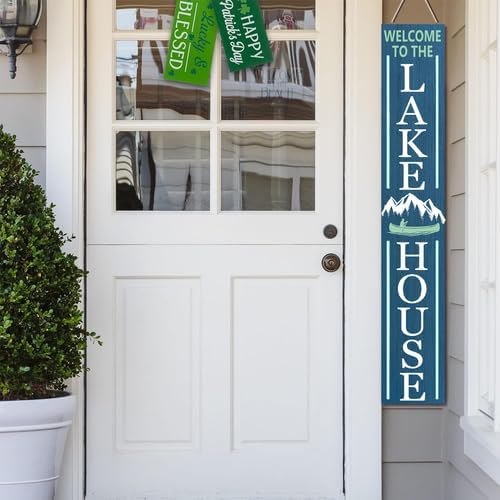 Blue Welcome To The Lake House Door Sign 8x48inch Rustic Wood Lake Theme Welcome Board and Porch Leaner for Front Door Deck or Wall Yard, All Season Vertical Porch Hanging - Image 7