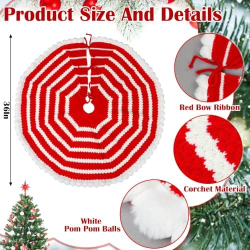 Soulchen 36 Inch Red White Crochet Christmas Tree Skirt with Pom Trim - Image 2
