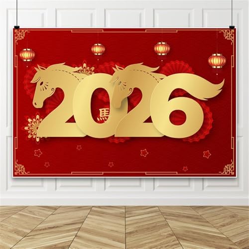 Laeacco 10x7ft Happy Chinese New Year Backdrop 2026 Year of The Horse Red and Gold Photography Background Chinese Lunar New Year Spring Festival Family Celebration Party Decoration Photo Booth Props - Image 2