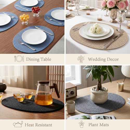 Oval Woven Cotton Placemats Set of 6, Thick Braided Rope Table Mats, 17 x 13 Inches Large Non Slip Heat Resistant Place Mats for Dining Table, Farmhouse Boho Hot Pads for Kitchen Decor (6, Brown) - Image 6