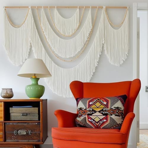 Macrame Wall Hanging Boho Yarn Art Tassel Beaded Handmade Decor 57"W*41"L - Image 5