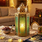 Vela Lanterns 12" Metal Moroccan Decorative Candle Lantern Holders for Hanging or Table, Indoor Home Decor, Outdoor Patio or Porch, Weddings, Gold, Green Glass, Large - Image 6