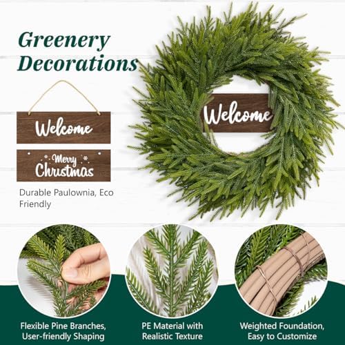 24 Inch Winter Wreath for Front Door: Real Touch Norfolk Pine Wreath with Welcome Wooden Sign - Christmas Large Artificial Green Wreath for Outdoor Indoor Wall Porch Windows Fireplace Decor - Image 2