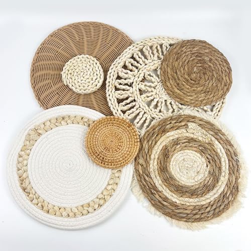 CODOHI Set of 7 Boho Wall Baskets, Wall Hanging Rattan Decor, Flat Round Woven Water Hyacinth Corn Husk Farmhouse Handmade Macrame Hanging Woven Baskets for Living Room Bedroom Dining Room Office - Image 7