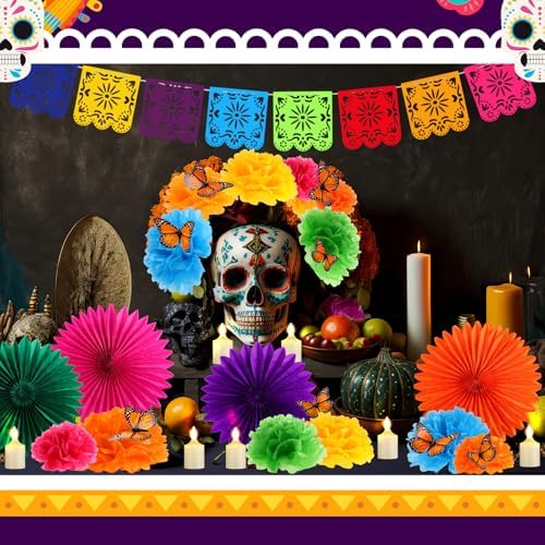 Newwiee 82 Pcs Day of the Dead Altar Decor Set, Marigold, Mixed Colors - Image 6